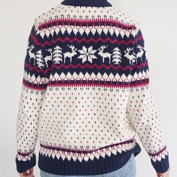 Vintage Tradition White Blue Red Winter Reindeer Snowflake Zip Up Sweater M - Picture 3 of 11
